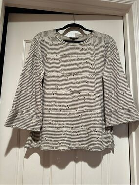 Lucky Brand Striped Eyelet Bell-Sleeve Tunic - White & Black